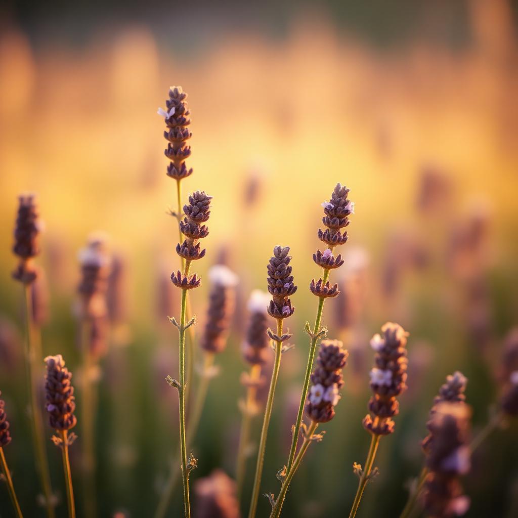 Espigas de lavanda en flor bajo la luz cálida del atardecer