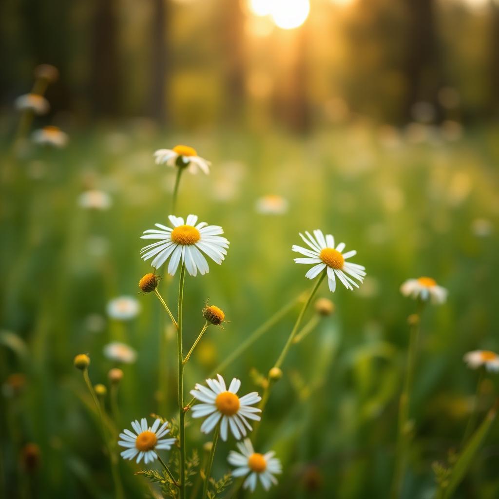 Flores de manzanilla silvestre iluminadas por la luz cálida del atardecer