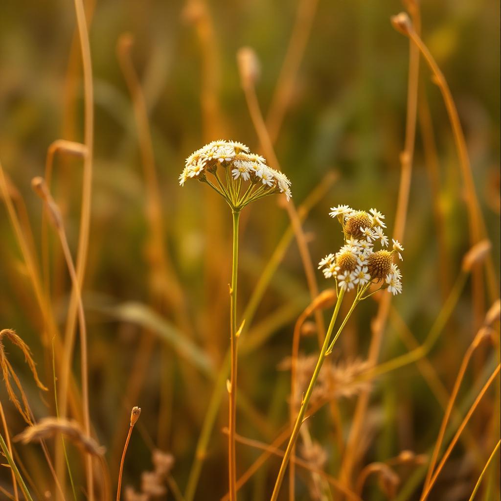 Flores blancas de milenrama en un prado silvestre con luz dorada