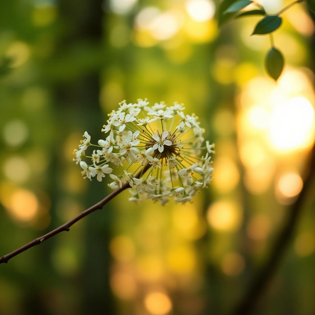 Flores blancas de saúco en una rama con el bosque desenfocado al fondo